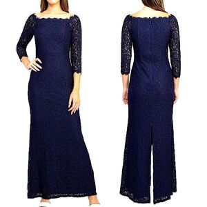 Adrianna Papell Navy Lace Boat Neck Gown Maxi Dress Size 4P